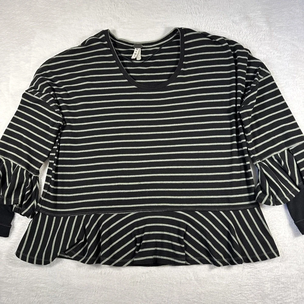 Free People We The‎ Free Medium Black Green Striped Boho Stretch Top